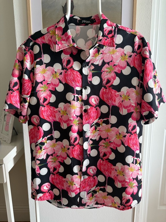 Other - Flamingo Print Button Up Shirt Polka Dot Black Pink Tropical Size M